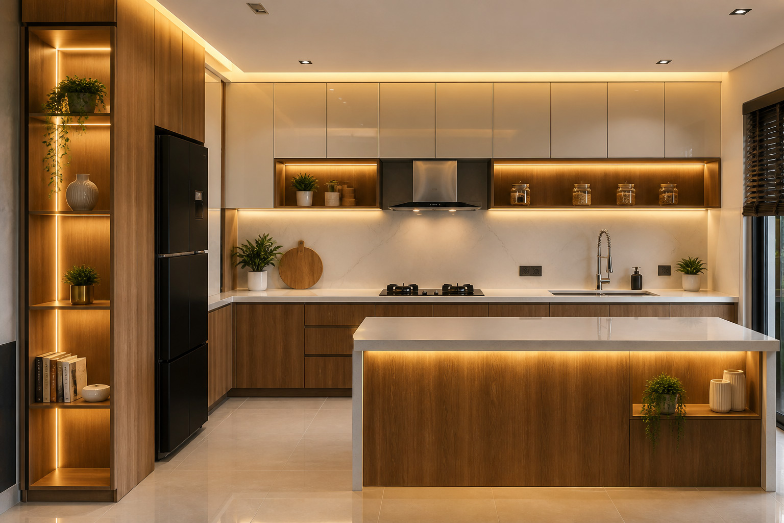 Kitchen set custom dengan list LED, table island, kitchen sink, dan cooker hood di Padang