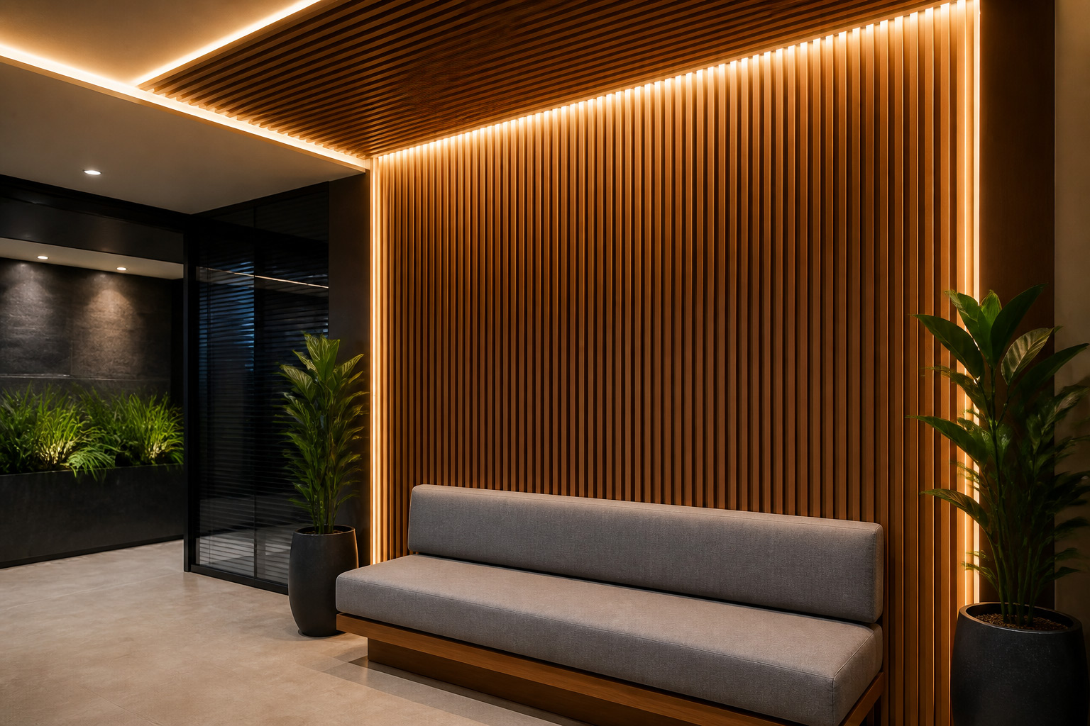 WPC panel kayu dengan list LED untuk interior rumah dan kantor di Padang