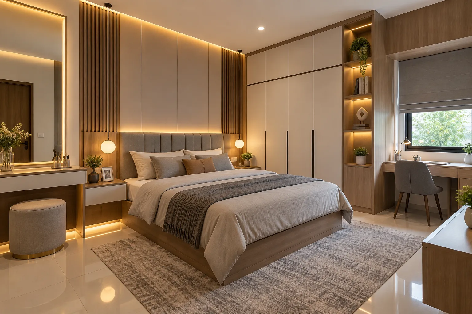 Kamar set Padang custom dengan lemari, dipan, meja rias, meja belajar, dan backdrop LED