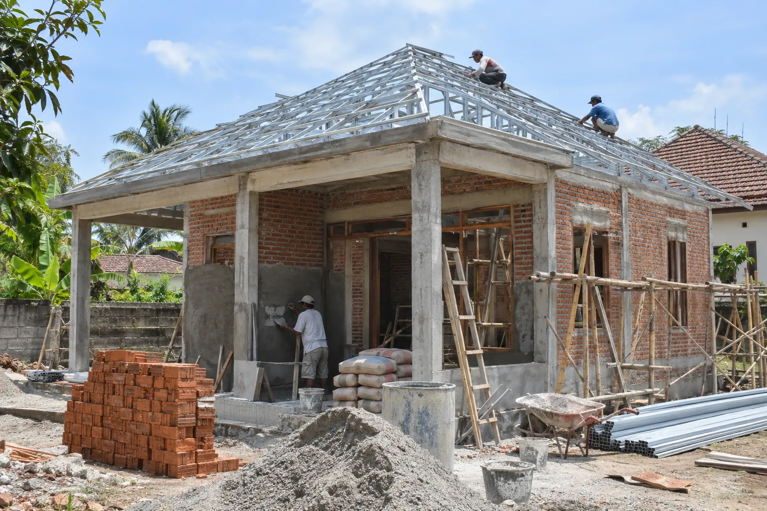 Pembangunan struktur beton dinding dan kuda-kuda atap rumah di Padang