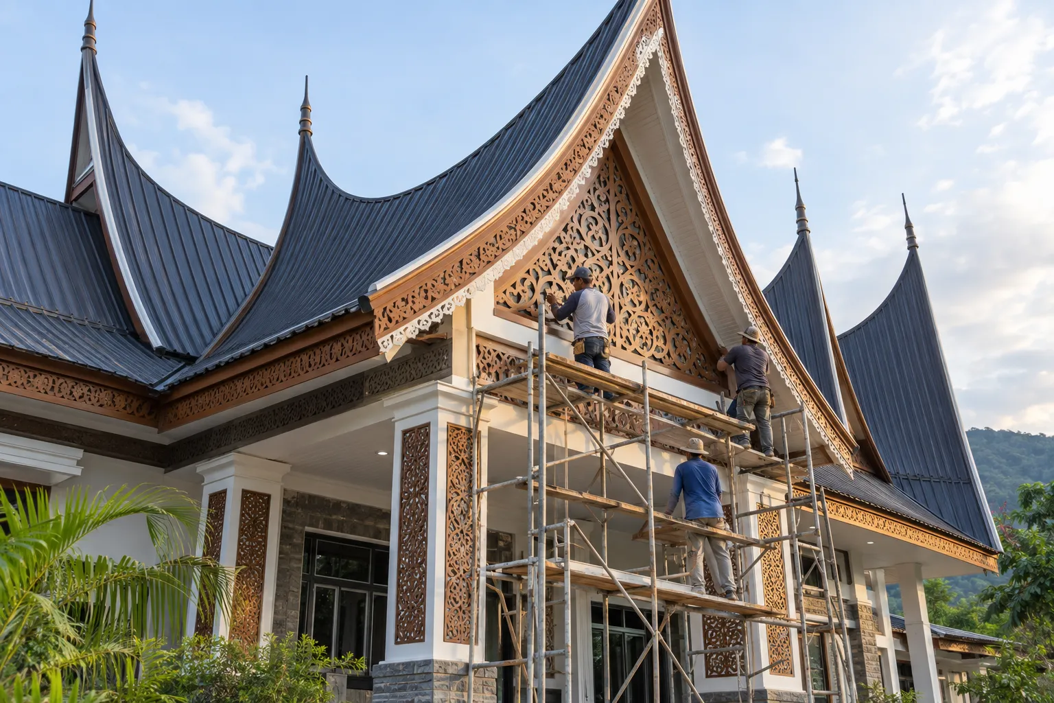 Finishing ornamen dan lisplang atap gonjong Padang