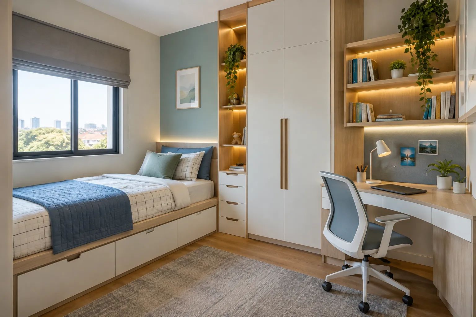 Kamar set anak dengan meja belajar dan lemari custom di Padang