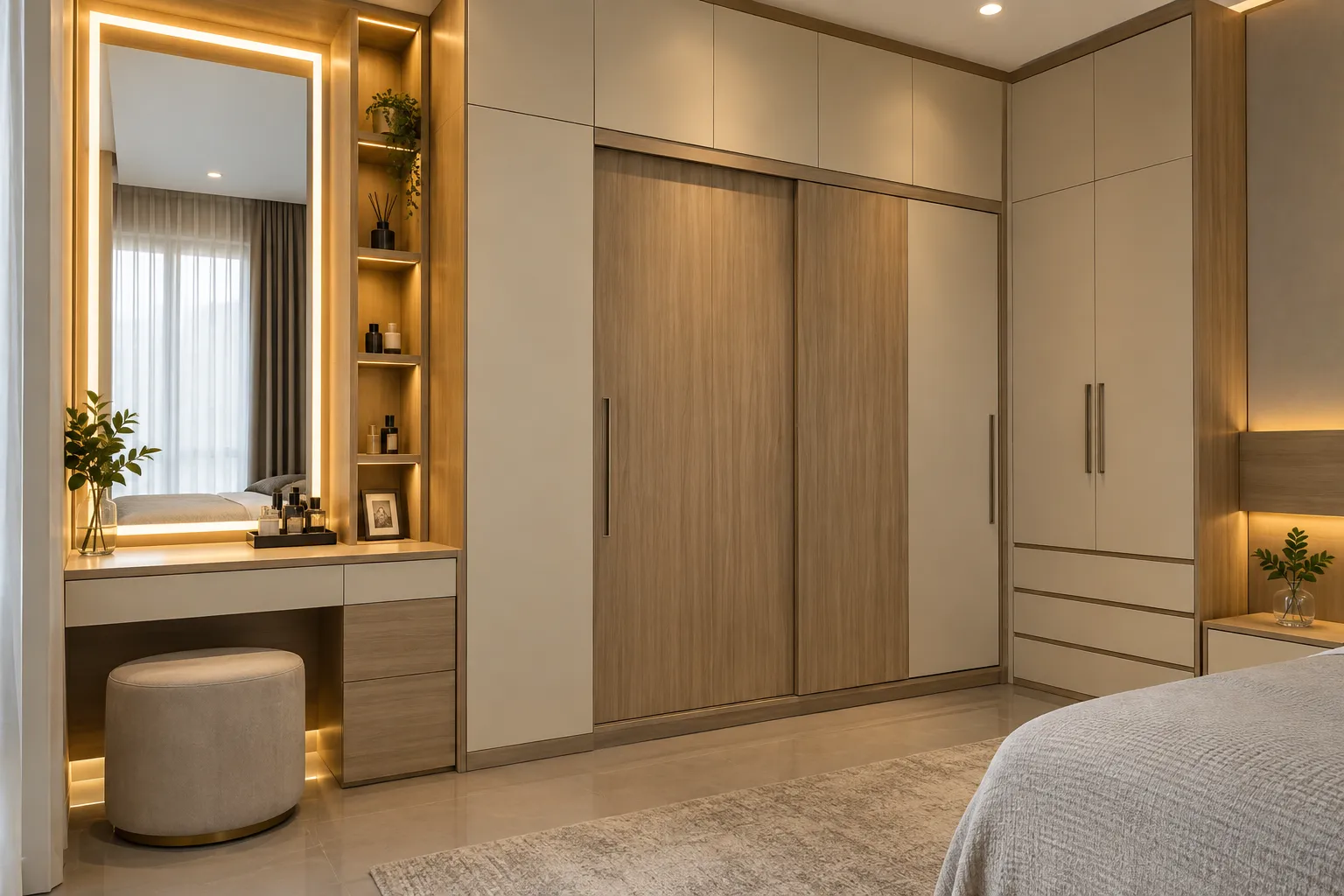 Lemari kamar custom dan meja rias dengan finishing HPL di Padang